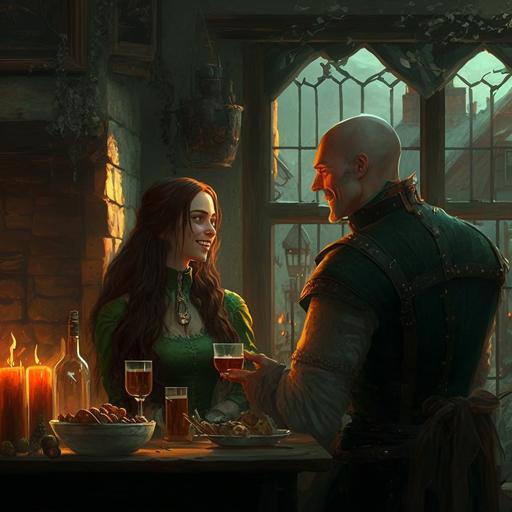 full perspective, medieval fantasy,a beautiful 25 years old young woman, long dark straight hair, single thick braid, green dress, having wine poured by a 35 years old completely bald shortbearded athletic man, green wool tunic, both looking at each other smiling, medieval tavern, fireplace, arched window, moonlightbeams through the window::8 evening, people partying in the background, photorealistic, hyper realistic, cinematic