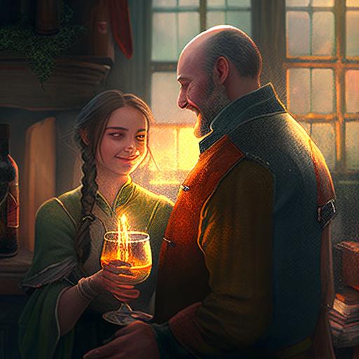 full perspective, medieval fantasy,a beautiful 25 years old young woman, long dark straight hair, single thick braid, green dress, having wine poured by a 35 years old completely bald shortbearded athletic man, green wool tunic, both looking at each other smiling, medieval tavern, fireplace, arched window, moonlightbeams through the window::8 evening, people partying in the background, photorealistic, hyper realistic, cinematic