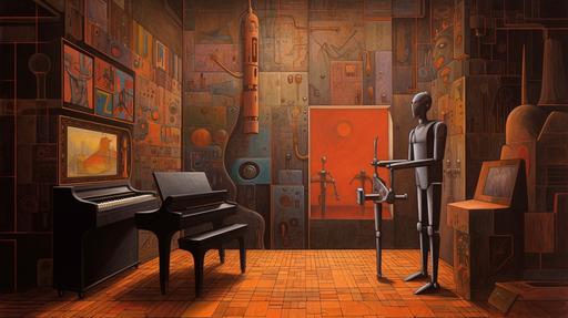 full portrait of a robot listening to music, musical notes, cartoon by miyazaki, durer, de chirico and zdzislaw beksinski, chiaroscuro by caravaggio :: a blade runner style cyberspace cityscape, magical realism, esoteric mayan objects, symbols, by magritte, piet mondrian, turner, escher --ar 16:9 --no frames --v 5