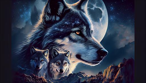 full screen , no letters, happy, wolves only, moon, wolf, full scren, complete screen, complete screen chart, --ar 16:9 --v 4 --s 750 --upbeta