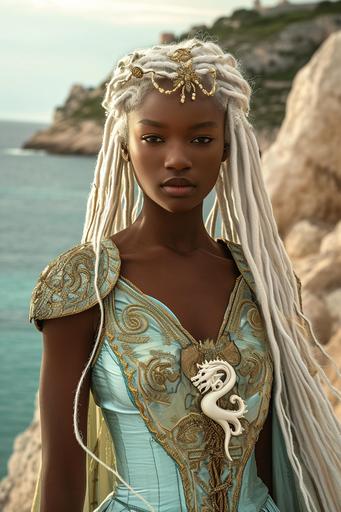 full shot portrait, baroque Valyrian/velaryon/targaryen Khoudia Diop, young beautiful black woman, dark complexion, long-platinum-hair-in-white-dreadlocks, high-born dress, thin golden filagree, clothing style of game-of-thrones/house-of-the-dragon, white seahorse sigil on a teal/gold ornate brochue, dappled dramatic lighting, google street view background of the sea, character design, concept art, photorealistic, live action, a sense of power, a sense of pride, hot vs cold --ar 2:3 --v 6.0