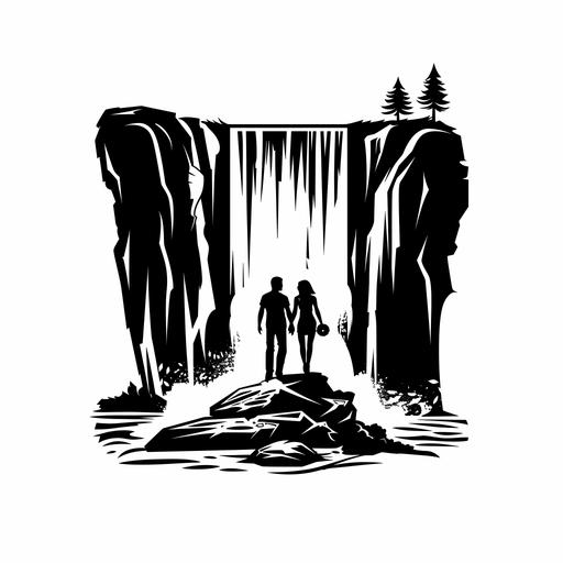 full square logo black and white inspired by a water fall coming from a tepui, a loving couple on the top of the water fall, couple holding hands, company related to adventure trips 1:1 logo without shadows, logo without gray scales, NO circular logo. --v 6.0