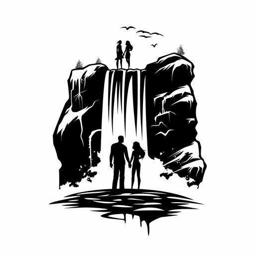 full square logo black and white inspired by a water fall coming from a tepui, a loving couple on the top of the water fall, couple holding hands, company related to adventure trips 1:1 logo without shadows, logo without gray scales, NO circular logo. --v 6.0