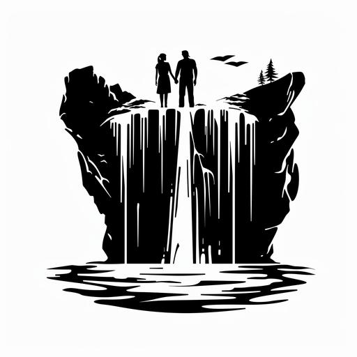 full square logo black and white inspired by a water fall coming from a tepui, a loving couple on the top of the water fall, couple holding hands, company related to adventure trips 1:1 logo without shadows, logo without gray scales, NO circular logo.