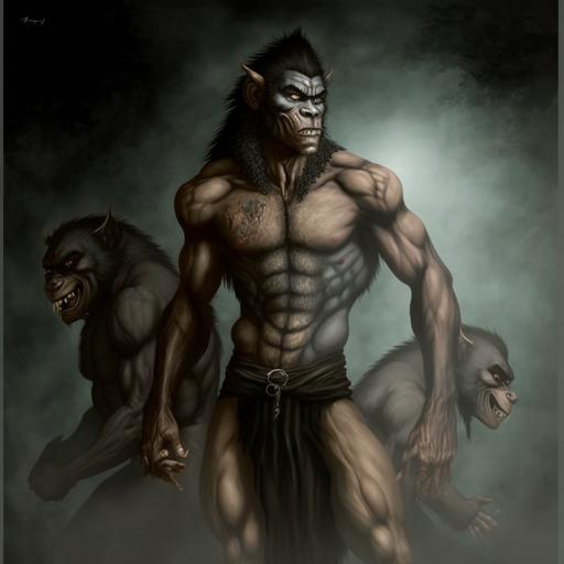 full thin body, sexyest, nuding, male werewolf, nepal monkey man warrior, art by Hardy Fowler