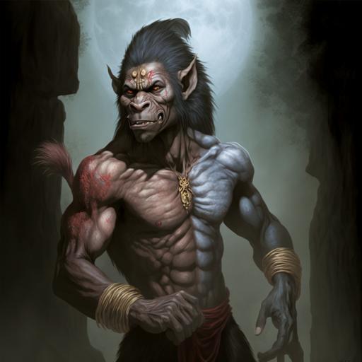 full thin skinny body, sexyest, nuding, male werewolf, nepal monkey man warrior, art by Hardy Fowler