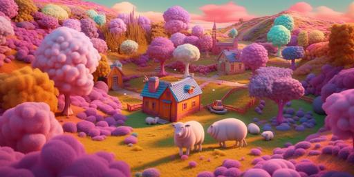 full view of farm, cotton grass, white roads, pink trees, candy land, candy canes, ginger bread houses, cotton candy sheep, fantasy, animated art, purple happy lighting, cumulonimbus, 8k hyper detailed, --ar 2:1 --q 2 --s 750 --v 5