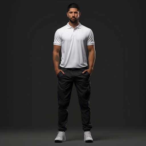 full view realistic image of a 6 feet tall man standing, wearing high quality, high collared white polo t-shirt and black pants, the background should be grey