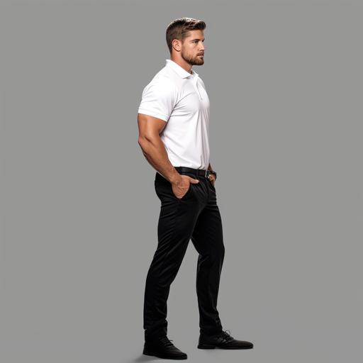 full view side profile realistic image of a 6 feet tall man standing with hand in pocket, wearing high quality, high collared white polo t-shirt and black pants, studio background