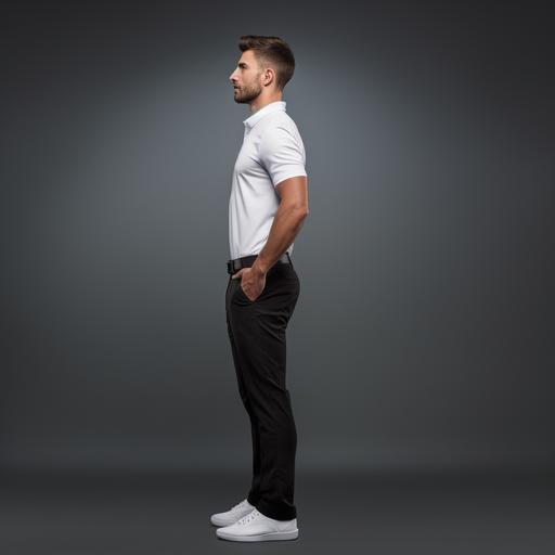 full view side profile realistic image of a 6 feet tall man standing with hand in pocket, wearing high quality, high collared white polo t-shirt and black pants, studio background