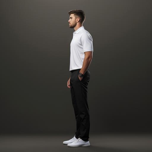 full view side profile realistic image of a 6 feet tall man standing, wearing high quality, high collared white polo t-shirt and black pants, studio backgrou