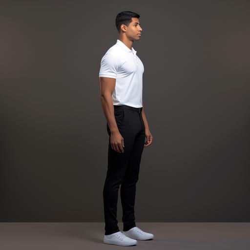 full view side profile realistic image of a 6 feet tall man standing, wearing high quality, high collared white polo t-shirt and black pants, studio backgrou