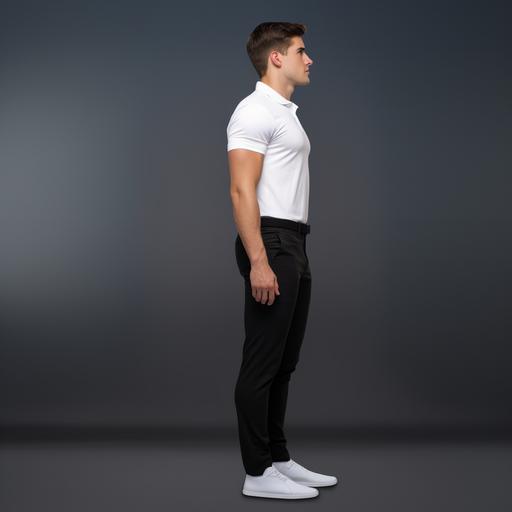full view side profile realistic image of a 6 feet tall man standing in style with hands in pocket, wearing high quality, high collared white polo t-shirt and black pants, studio background