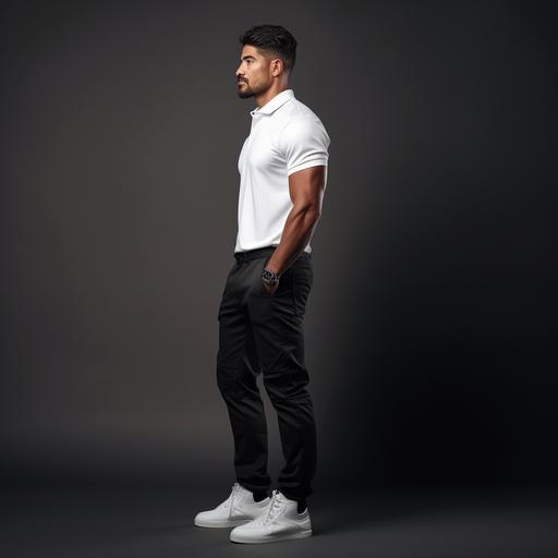 full view side profile realistic image of a 6 feet tall man standing in style with hands in pocket, wearing high quality, high collared white polo t-shirt and black pants, studio background