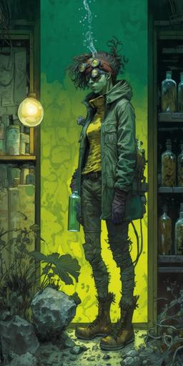 full wide-shot, 3/4 angle, candid portrait, kooky salvagepunk botanist character with large glass terrarium on back with tubes connected to gas-mask, mismatched boots and goggles, collecting samples in abandoned grocery store overgrown with strange mushrooms and fuzzy molds, by Richard Corben, Etam Cru, and Simon Bisley --ar 1:2