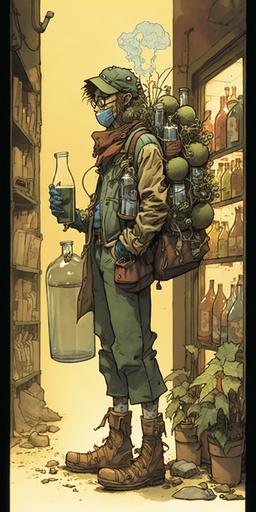 full wide-shot, 3/4 angle, candid portrait, kooky salvagepunk botanist character with large lush terrarium strapped to back with tubes connected to oxygen mask, mismatched boots and goggles, collecting samples in old grocery store completely overgrown with strange mushrooms and fuzzy molds, by Richard Corben, Fenghua Zhong and Simon Bisley --ar 1:2