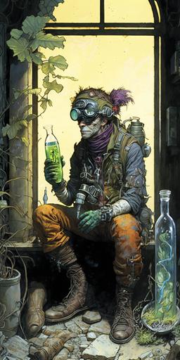 full wide-shot, 3/4 angle, candid portrait, kooky salvagepunk botanist character with large glass terrarium on back with tubes connected to gas-mask, mismatched boots and goggles, collecting samples in abandoned grocery store overgrown with strange mushrooms and fuzzy molds, by Richard Corben, Etam Cru, and Simon Bisley --ar 1:2