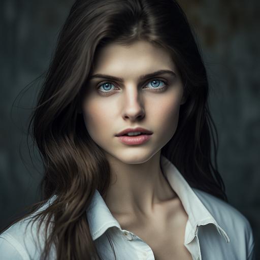 full wide shot, lowground angle view side view, studio photography of beautiful 18 year old girl, Alexandra Daddario, blue eyes, open outfit, completely unbuttoned, big beautiful brests, white shirt and jeans jacket, little tight short, big lips, smiling, piercing eyes, 8k, HDR, ultra realistic. Unreal Engine, Cinematic, Color Grading, portrait Photography, Shot on 50mm lens, Ultra-Wide Angle, Depth of Field, hyper-detailed, beautifully color-coded, insane details, intricate details, beautifully color graded, Unreal Engine, Cinematic, Color Grading, Editorial Photography, Photography, Photoshoot, Shot on 70mm lens, Depth of Field, DOF, Tilt Blur, Shutter Speed 1/1000, F/22, White Balance, 32k, Super-Resolution, Megapixel, ProPhoto RGB, VR, Lonely, Good, Massive, Halfrear Lighting, Backlight, Natural Lighting, Incandescent, Optical Fiber, Moody Lighting, Cinematic Lighting, Studio Lighting, Soft Lighting, Volumetric, Contre-Jour, Beautiful Lighting, Accent Lighting, Global Illumination, Screen Space Global Illumination, Ray Tracing Global Illumination, Optics, Scattering, Glowing, Shadows, Rough, Shimmering, Ray Tracing Reflections, Lumen Reflections, Screen Space Reflections, Diffraction Grading, Chromatic Aberration, GB Displacement, Scan Lines, Ray Traced, Ray Tracing Ambient Occlusion, Anti-Aliasing, FKAA, TXAA, RTX, SSAO, Shaders, OpenGL-Shaders, GLSL-Shaders, Post Processing, Post-Production, Cel Shading, Tone Mapping, CGI, VFX, SFX, insanely detailed and intricate, hypermaximalist, elegant, hyper realistic, super detailed, photography, 8k