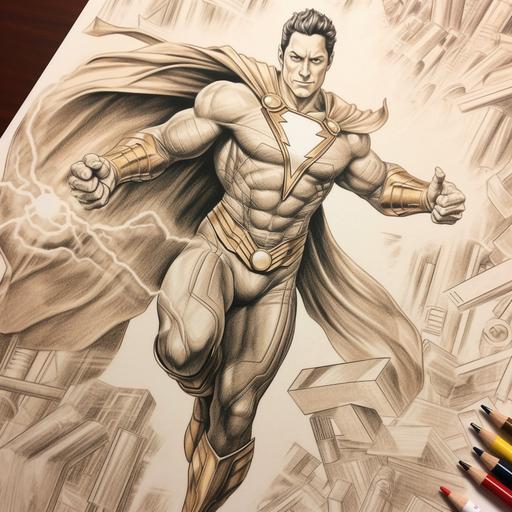 fullbody drawing of comicbook super hero Shazam ,hyper realistic style,on a a3 sized bristol paper using graphite pencils and blending stumps ,4k hd