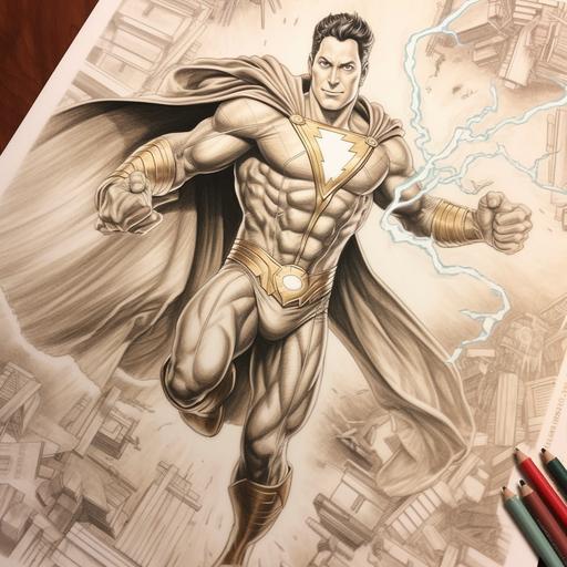 fullbody drawing of comicbook super hero Shazam ,hyper realistic style,on a a3 sized bristol paper using graphite pencils and blending stumps ,4k hd