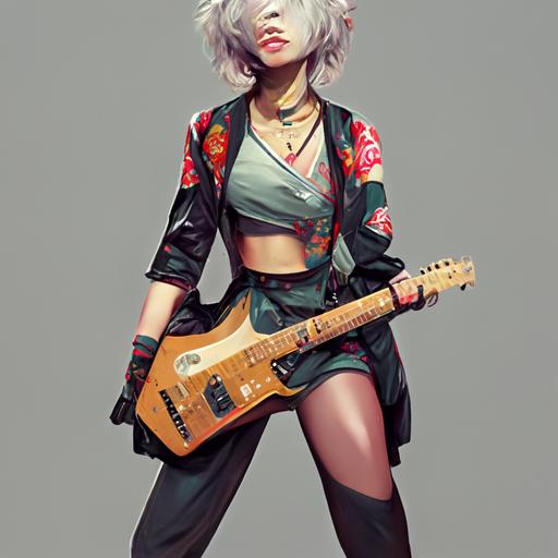 fullbody image of a cute alternative female playing an electric guitar, dynamic pose, rokku gyaru clothes, Punk rock style, Wolf cut hairstyle, 8k, artgerm, unreal engine 5, realistic face