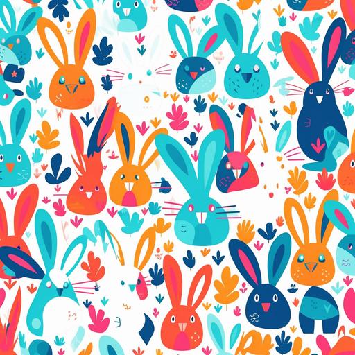 fun cute easter bunny print, pattern, repeating, white background ,vibrant colors, vivacious, effulgent, detail pattern, illuminate pattern, 2d illustration, flat, modern, bright, cheerful,--ar 3:2 --q 2 --s 750 --v 5 --s 750