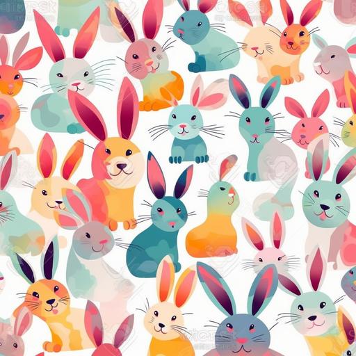 fun cute easter bunny print, pattern, repeating, white background ,vibrant , vivacious, effulgent, detail pattern, illuminate pattern, 2d illustration, flat, modern, bright, cheerful,--ar 3:2 --q 2 --s 750 --v 5 --s 750