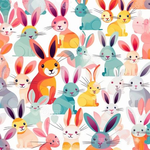 fun cute easter bunny print, pattern, repeating, white background ,vibrant , vivacious, effulgent, detail pattern, illuminate pattern, 2d illustration, flat, modern, bright, cheerful,--ar 3:2 --q 2 --s 750 --v 5 --s 750