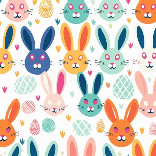 fun cute easter bunny print, pattern, repeating, white background ,vibrant colors, vivacious, effulgent, detail pattern, illuminate pattern, 2d illustration, flat, modern, bright, cheerful,--ar 3:2 --q 2 --s 750 --v 5 --s 750