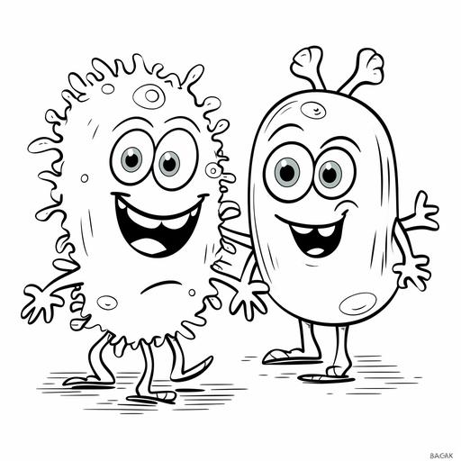 fun, happy cartoon drawing of bacteria, adorable features, black and white, coloring page for kids, two eyes, one mouth, clean lines, thick lines, no shadows, no gray color, medium detail