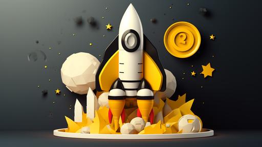 fun illustration representing SEO, 3d rocket icon, 3d circle target, white, black and yellow --ar 16:9