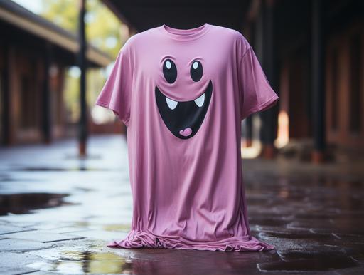 fun pink cartoon poltergeist ghost on a black t-shirt, product photo --ar 16:12 --s 750