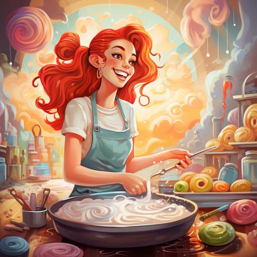fun young redheaded woman in a pony tail baking, cartoon, colorful