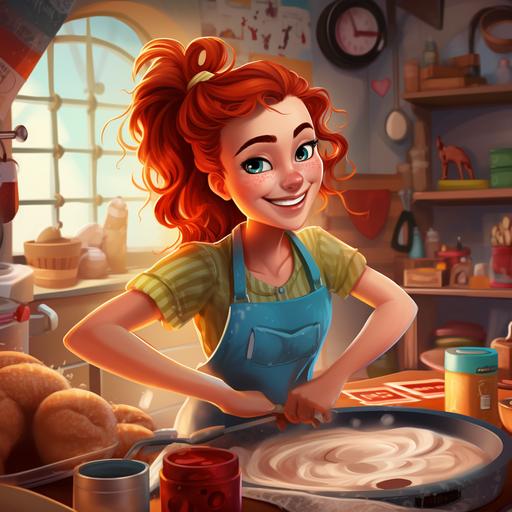 fun young redheaded woman in a pony tail baking, cartoon, colorful
