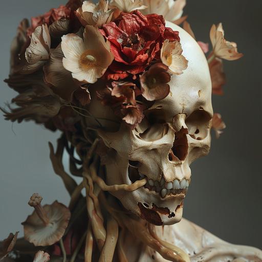 fungus consumes contorted human body transforms into flower skull morphing hyper realistic octane caravaggio style