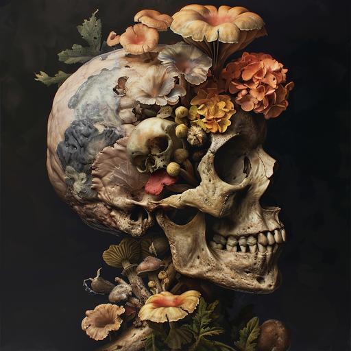 fungus consumes contorted human body transforms into flower skull morphing hyper realistic octane caravaggio style --v 6.0