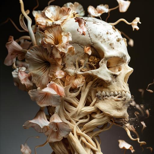 fungus consumes contorted human body transforms into flower skull morphing hyper realistic octane --v 6.0