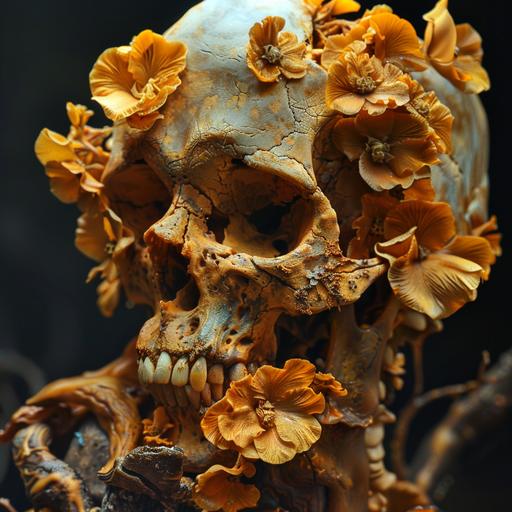 fungus consumes contorted human body transforms into flower skull morphing hyper realistic octane --v 6.0