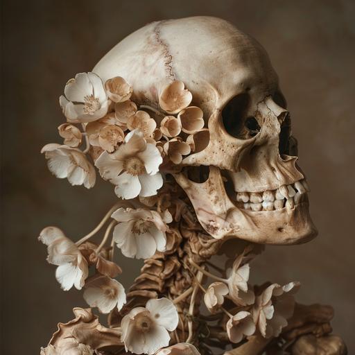 fungus consumes contorted human body transforms into flower skull morphing hyper realistic octane caravaggio style --v 6.0