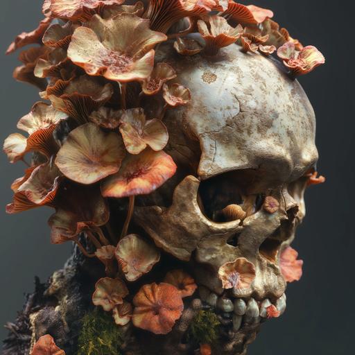 fungus consumes contorted human skull, flower metamorphisis, vogue cover, super detailed, hyper realistic, photorealistic, cinematic lighting --v 6.0