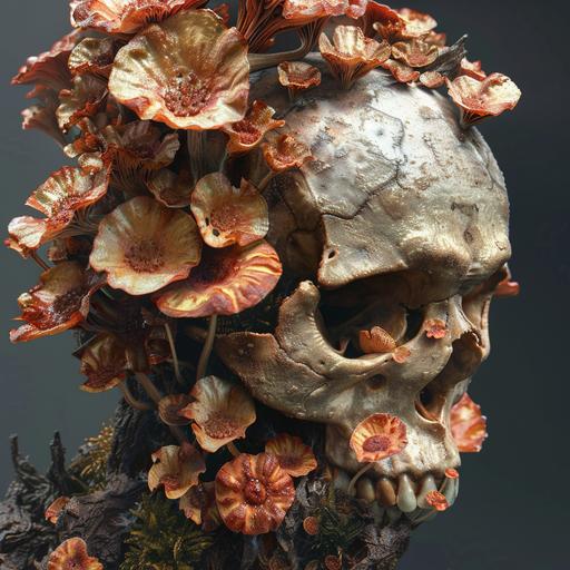 fungus consumes contorted human skull, flower metamorphisis, vogue cover, super detailed, hyper realistic, photorealistic, cinematic lighting