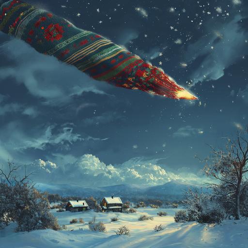 comet made of ugly sweaters falling from the sky, loses fragments of sweaters, christmas spirit comet tail, snow landscape --v 6.0