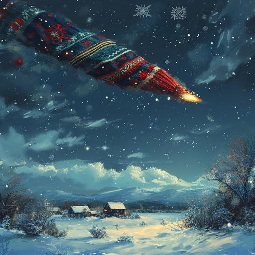 comet made of ugly sweaters falling from the sky, loses fragments of sweaters, christmas spirit comet tail, snow landscape --v 6.0