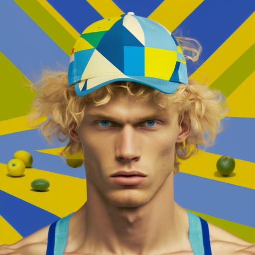 funky collage of young man with blonde fluffy hair and a trucker hat on his head, funky geometric forms, blue,yellow,green, lemons in background, man in foreground, modern, aestethic