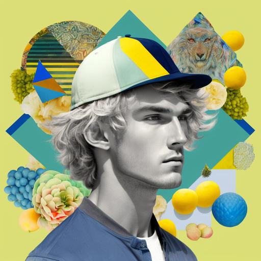 funky collage of young man with blonde fluffy hair and a trucker hat on his head, funky geometric forms, blue,yellow,green, lemons in background, man in foreground, modern, aestethic