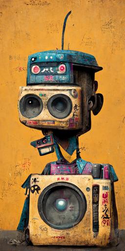 funky musician character in the style of Pixar, soft studio lighting, Japanese graffiti, shanty town background, Japanese caligraphy, photo-realistic African tribe markings, ghetto blaster boombox robot head —ar 9:18