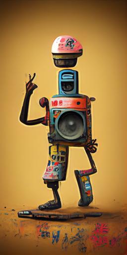 funky musician full body character, good hands in the style of Pixar, spot studio lighting, Japanese graffiti, shanty town background, Japanese caligraphy, photo-realistic African tribe markings, ghetto blaster boombox robot head —ar 9:18 --upbeta