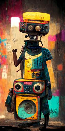 funky musician full body character, good hands in the style of Pixar, spot studio lighting, Japanese graffiti, metal shanty town background, Japanese caligraphy, photo-realistic African tribe markings, ghetto blaster boombox robot head —ar 9:18