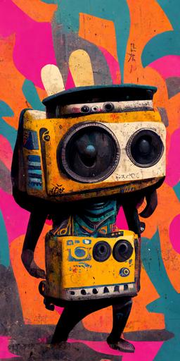 funky musician full body character, good hands in the style of Pixar, spot studio lighting, Japanese graffiti, metal shanty town background, Japanese caligraphy, photo-realistic African tribe markings, ghetto blaster boombox robot head —ar 9:18