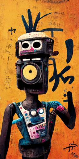 funky musician full body character, good hands in the style of Pixar, spot studio lighting, Japanese graffiti, shanty town background, Japanese caligraphy, photo-realistic African tribe markings, ghetto blaster boombox robot head —ar 9:18